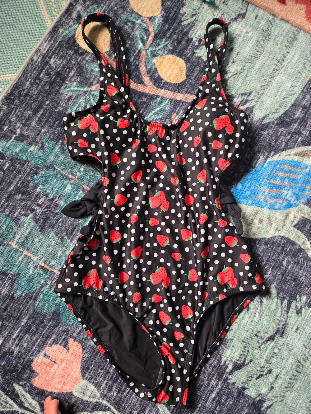 NWOT Modcloth Black Strawberry Polka Dot Print One-Piece Coquette Swimsuit Small - Picture 2 of 6